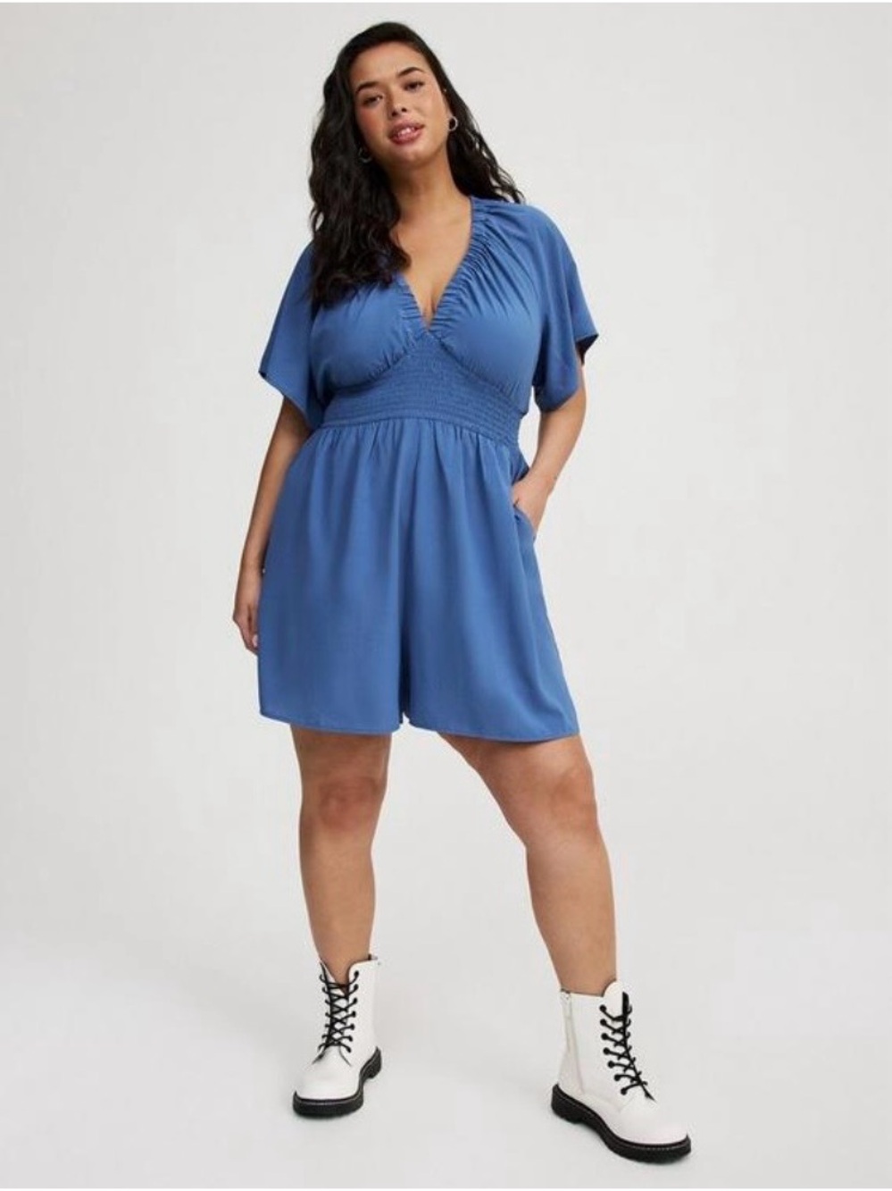 Torrid Blue Smocked Waist V-Neck Romper - Size 0X - NWT!